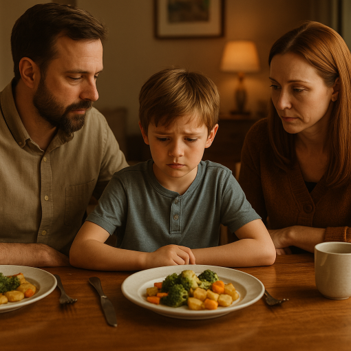Pflegekind sitzt zögerlich am Esstisch, während Pflegeeltern ruhig und zugewandt bleiben.