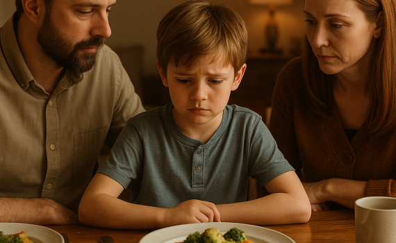 Pflegekind sitzt zögerlich am Esstisch, während Pflegeeltern ruhig und zugewandt bleiben.