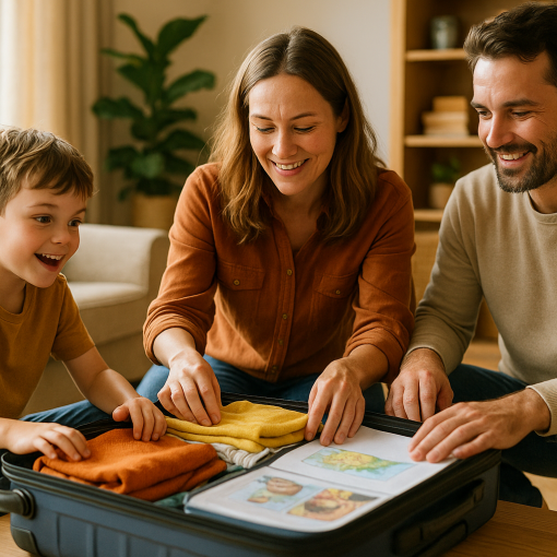 Pflegekind packt gemeinsam mit Pflegeeltern einen Koffer in gemütlicher Wohnzimmeratmosphäre