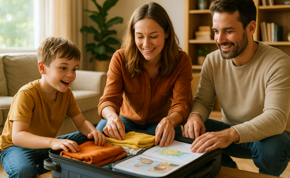 Pflegekind packt gemeinsam mit Pflegeeltern einen Koffer in gemütlicher Wohnzimmeratmosphäre