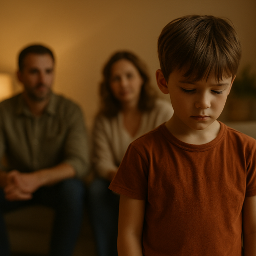 Pflegekind steht mit gesenktem Blick im Wohnzimmer, Pflegeeltern sitzen ruhig im Hintergrund
