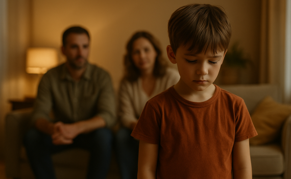 Pflegekind steht mit gesenktem Blick im Wohnzimmer, Pflegeeltern sitzen ruhig im Hintergrund