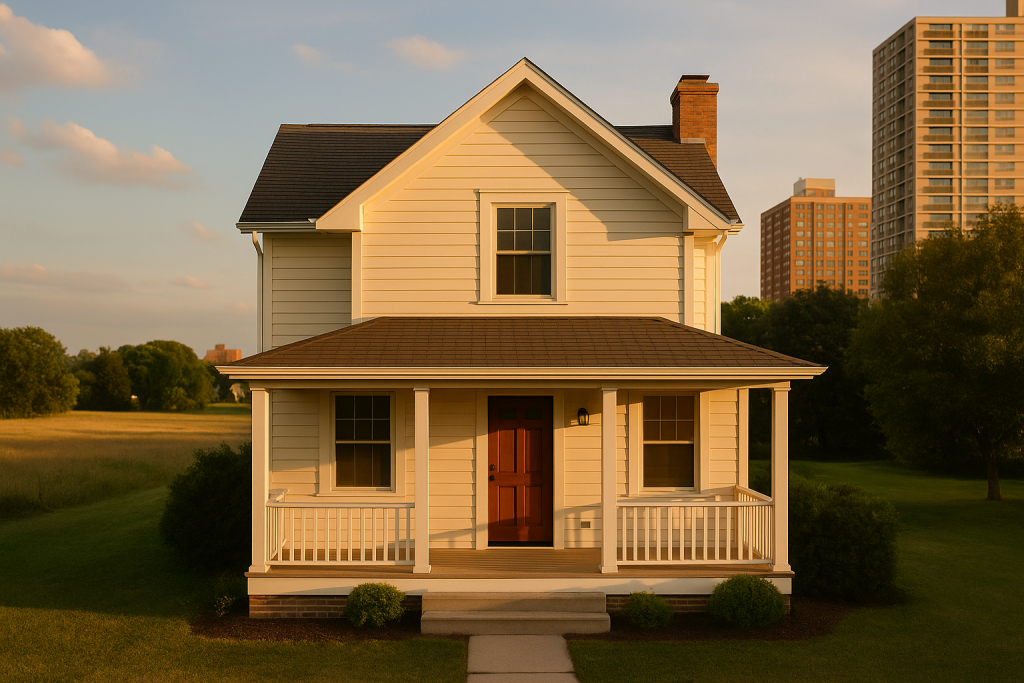 Ein Einfamilienhaus vor einem gemischten Hintergrund aus Stadt, Land und Hochhauskulisse, bei natürlichem Tageslicht. Symbolbild für verschiedene Wohnorte von Pflegefamilien.