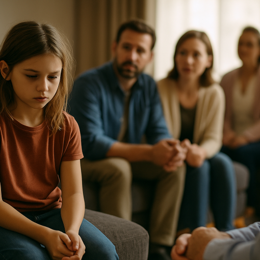 Pflegekind sitzt nachdenklich auf einem Sofa, während Pflegeeltern mit Besuchern sprechen – emotionale Szene in gemütlichem Wohnzimmer.