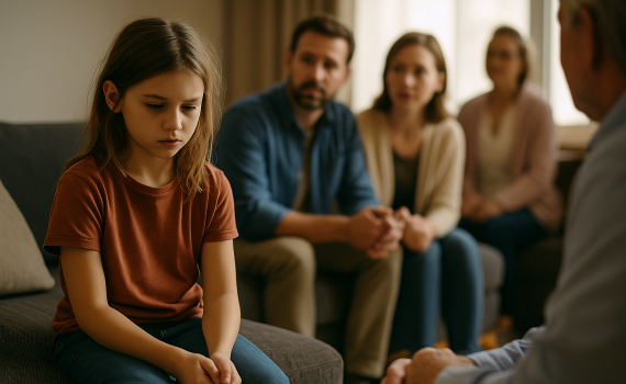 Pflegekind sitzt nachdenklich auf einem Sofa, während Pflegeeltern mit Besuchern sprechen – emotionale Szene in gemütlichem Wohnzimmer.