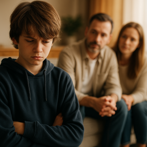 Ein Pflegekind im Teenageralter steht nachdenklich in einem warm beleuchteten Wohnzimmer, während Pflegeeltern ruhig und aufmerksam auf dem Sofa sitzen.
