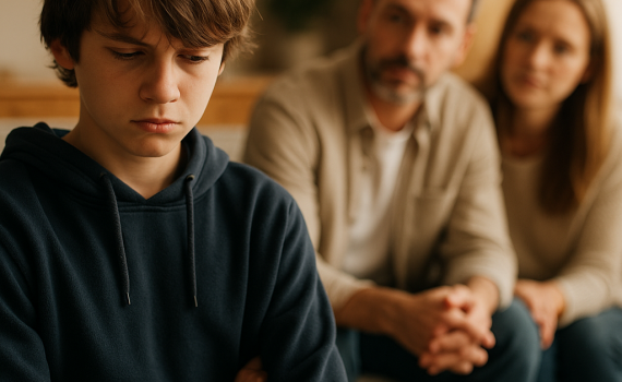 Ein Pflegekind im Teenageralter steht nachdenklich in einem warm beleuchteten Wohnzimmer, während Pflegeeltern ruhig und aufmerksam auf dem Sofa sitzen.