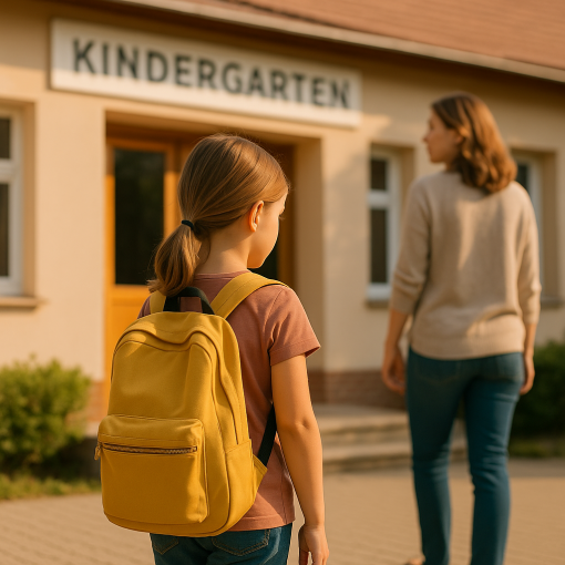 Ein kleines Mädchen mit hellem Haar und Rucksack steht am Eingang eines Kindergartens. Die Szene zeigt eine ruhige, freundliche Atmosphäre – ideal für den Start in die Eingewöhnung.