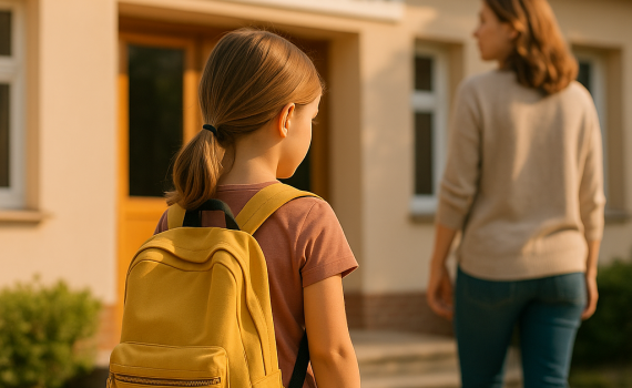 Ein kleines Mädchen mit hellem Haar und Rucksack steht am Eingang eines Kindergartens. Die Szene zeigt eine ruhige, freundliche Atmosphäre – ideal für den Start in die Eingewöhnung.