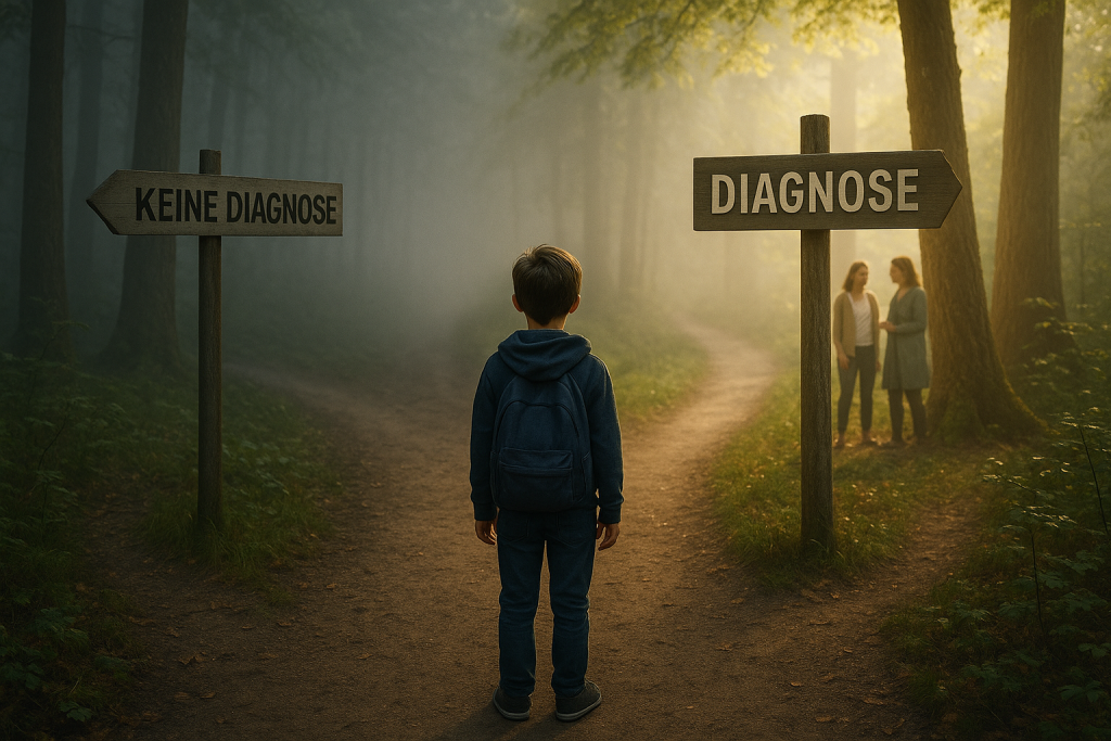 Ein Kind steht an einer Weggabelung im Wald. Ein Schild zeigt Richtung „Diagnose“ – heller Weg mit unterstützenden Personen. Der andere Weg, „Keine Diagnose“, führt in den Nebel. Symbolbild für FASD, Jugendhilfe und Entscheidungsverantwortung im Kinderschutz.