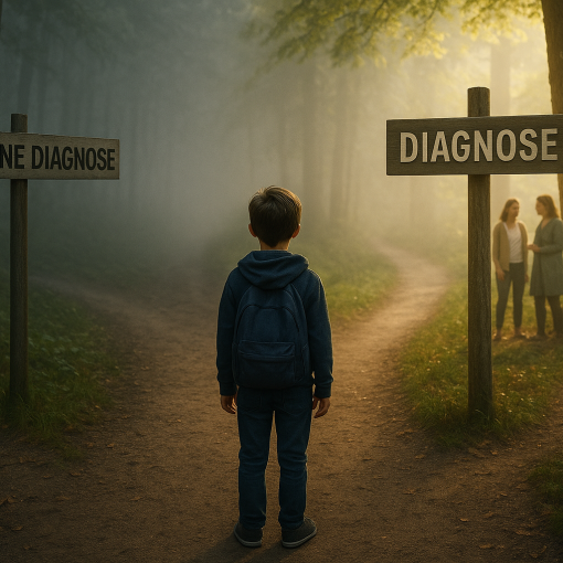 Ein Kind steht an einer Weggabelung im Wald. Ein Schild zeigt Richtung „Diagnose“ – heller Weg mit unterstützenden Personen. Der andere Weg, „Keine Diagnose“, führt in den Nebel. Symbolbild für FASD, Jugendhilfe und Entscheidungsverantwortung im Kinderschutz.