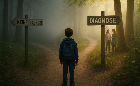 Ein Kind steht an einer Weggabelung im Wald. Ein Schild zeigt Richtung „Diagnose“ – heller Weg mit unterstützenden Personen. Der andere Weg, „Keine Diagnose“, führt in den Nebel. Symbolbild für FASD, Jugendhilfe und Entscheidungsverantwortung im Kinderschutz.