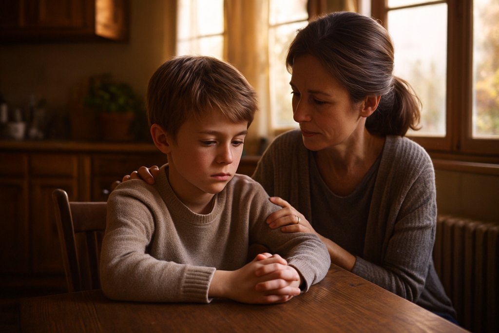 Pflegemutter tröstet Pflegekind mit FASD am Küchentisch – Symbol für Verständnis statt Strenge