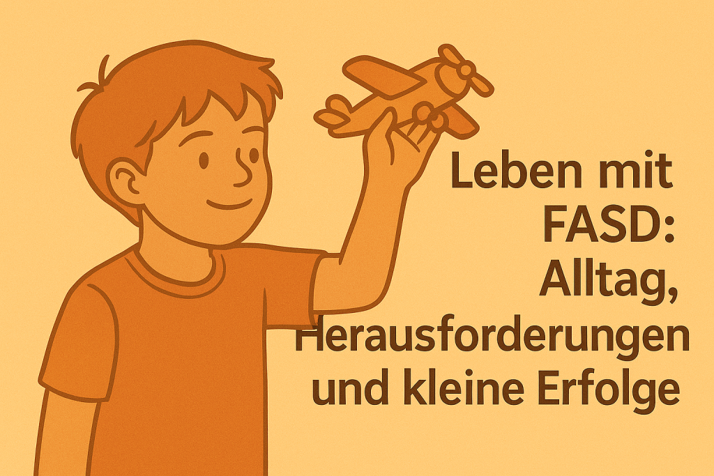 Illustration eines Jungen mit einem Spielzeugflugzeug in der Hand – Symbol für den Alltag, die Herausforderungen und kleinen Erfolge von Kindern mit FASD.