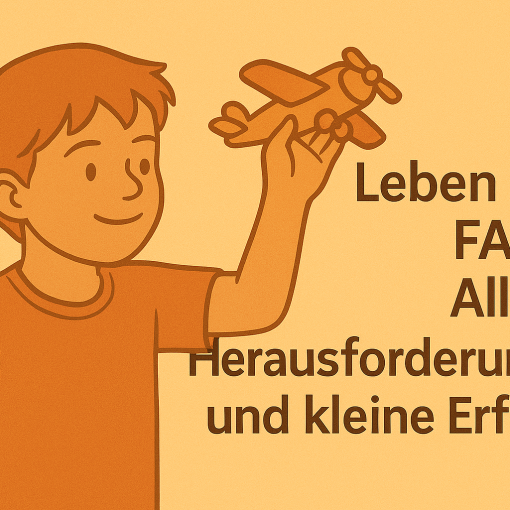 Illustration eines Jungen mit einem Spielzeugflugzeug in der Hand – Symbol für den Alltag, die Herausforderungen und kleinen Erfolge von Kindern mit FASD.