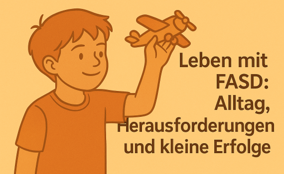 Illustration eines Jungen mit einem Spielzeugflugzeug in der Hand – Symbol für den Alltag, die Herausforderungen und kleinen Erfolge von Kindern mit FASD.