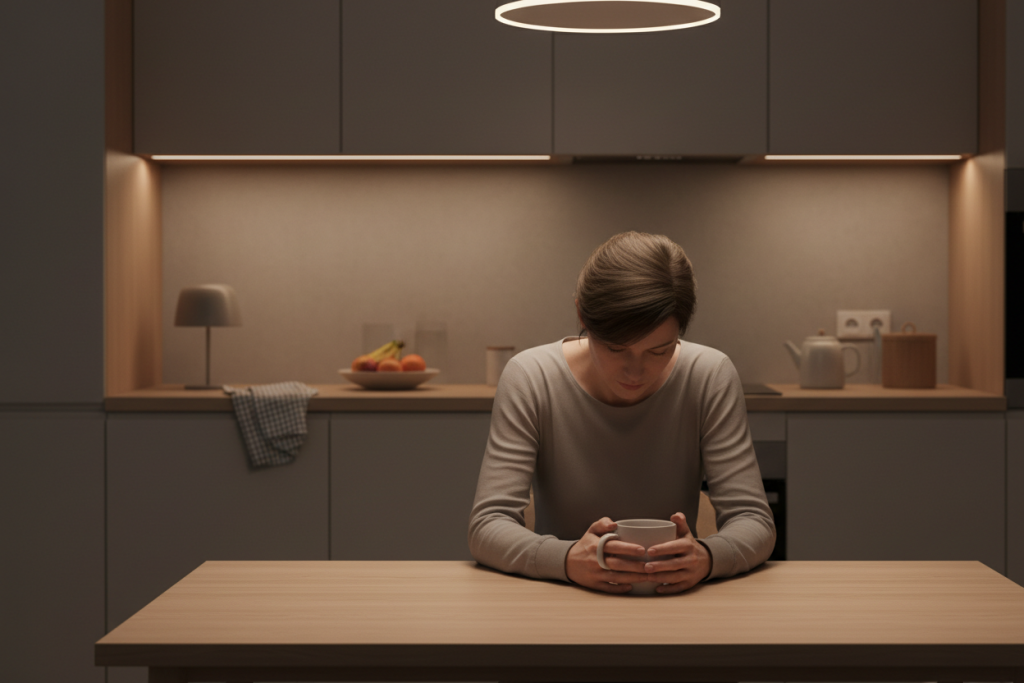 „Ein erschöpfter erwachsener Mensch sitzt abends an einem Küchentisch, die Hände um eine Tasse, den Kopf leicht gesenkt. In der warm beleuchteten, aufgeräumten Küche wird die Belastung und Erschöpfung von Eltern und Pflegepersonen nach einem anstrengenden Tag sichtbar.“