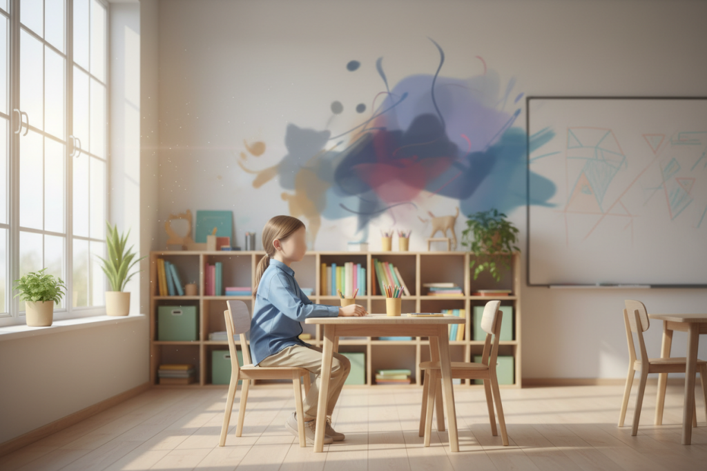 „Ein Kind sitzt ruhig und angepasst in einem hellen Klassenraum an einem Tisch, mit neutralem Gesicht ohne erkennbare Züge. Im Hintergrund deutet ein unscharfer, chaotisch wirkender Bereich symbolisch den inneren Zusammenbruch und die emotionale Belastung zuhause an – ein Hinweis auf verborgenen Stress bei Kindern in belasteten Familien- oder Pflegekonstellationen.“