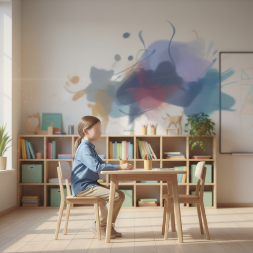 „Ein Kind sitzt ruhig und angepasst in einem hellen Klassenraum an einem Tisch, mit neutralem Gesicht ohne erkennbare Züge. Im Hintergrund deutet ein unscharfer, chaotisch wirkender Bereich symbolisch den inneren Zusammenbruch und die emotionale Belastung zuhause an – ein Hinweis auf verborgenen Stress bei Kindern in belasteten Familien- oder Pflegekonstellationen.“