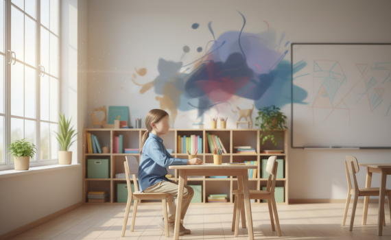 „Ein Kind sitzt ruhig und angepasst in einem hellen Klassenraum an einem Tisch, mit neutralem Gesicht ohne erkennbare Züge. Im Hintergrund deutet ein unscharfer, chaotisch wirkender Bereich symbolisch den inneren Zusammenbruch und die emotionale Belastung zuhause an – ein Hinweis auf verborgenen Stress bei Kindern in belasteten Familien- oder Pflegekonstellationen.“