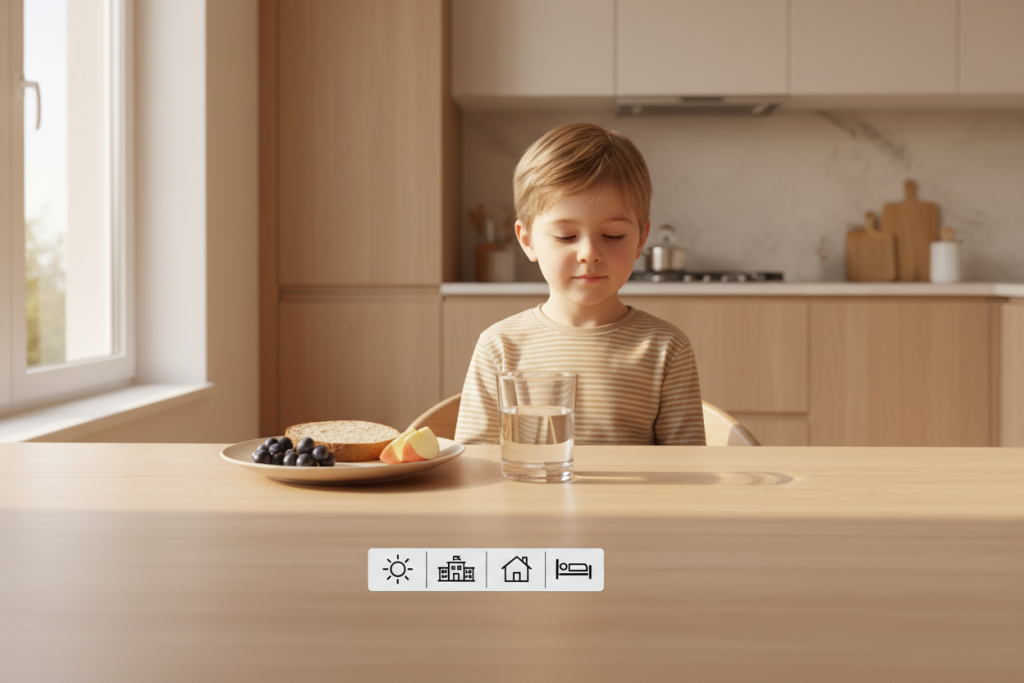 „Kind in einer Pflegefamilie sitzt morgens an einem aufgeräumten Frühstückstisch, vor sich ein Teller, ein Glas und eine Karte mit Symbolen für den Tagesablauf (Sonne, Schule, Haus, Bett); ruhige Atmosphäre, die Sicherheit, Struktur und Orientierung im Alltag vermittelt.“