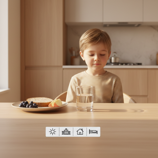 „Kind in einer Pflegefamilie sitzt morgens an einem aufgeräumten Frühstückstisch, vor sich ein Teller, ein Glas und eine Karte mit Symbolen für den Tagesablauf (Sonne, Schule, Haus, Bett); ruhige Atmosphäre, die Sicherheit, Struktur und Orientierung im Alltag vermittelt.“