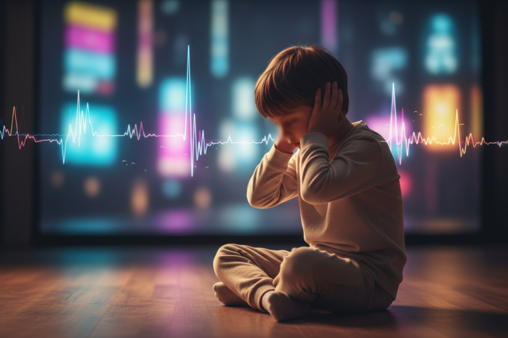 Ein Kind sitzt in einem halbdunklen Raum mit anonymisiertem, neutral dargestelltem Gesicht und hält die Hände an die Ohren. Im ruhigen Vordergrund sitzt das Kind am Boden, während der Hintergrund unscharfe Lichtquellen und visuelle Geräuschsymbole zeigt, die Reizüberflutung andeuten. Realistischer Stil mit warmer, gedämpfter Beleuchtung