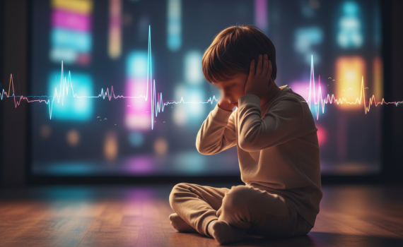 Ein Kind sitzt in einem halbdunklen Raum mit anonymisiertem, neutral dargestelltem Gesicht und hält die Hände an die Ohren. Im ruhigen Vordergrund sitzt das Kind am Boden, während der Hintergrund unscharfe Lichtquellen und visuelle Geräuschsymbole zeigt, die Reizüberflutung andeuten. Realistischer Stil mit warmer, gedämpfter Beleuchtung