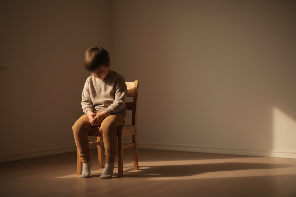 Ein anonym dargestelltes Kind sitzt leicht zusammengekauert auf einem schlichten Stuhl oder Bett in einem minimalistischen Raum. Das Gesicht ist weich verschwommen und ohne erkennbare Gesichtszüge. Weiches, warmes Seitenlicht wirft sanfte Schatten und erzeugt eine ruhige, intime Atmosphäre. Die Körperhaltung wirkt nachdenklich und innerlich verletzlich, symbolisch für Scham und Selbstzweifel.