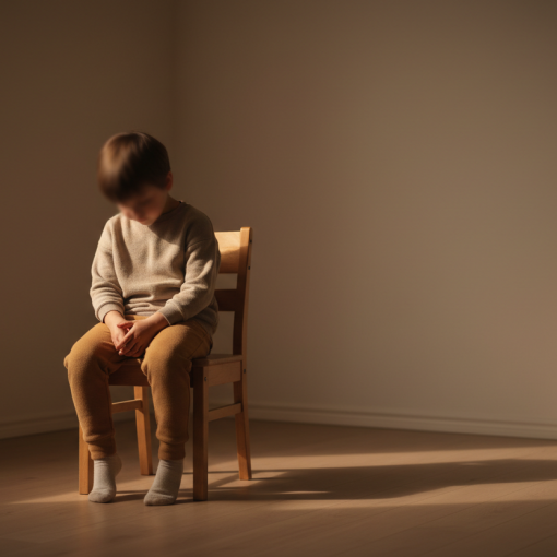 Ein anonym dargestelltes Kind sitzt leicht zusammengekauert auf einem schlichten Stuhl oder Bett in einem minimalistischen Raum. Das Gesicht ist weich verschwommen und ohne erkennbare Gesichtszüge. Weiches, warmes Seitenlicht wirft sanfte Schatten und erzeugt eine ruhige, intime Atmosphäre. Die Körperhaltung wirkt nachdenklich und innerlich verletzlich, symbolisch für Scham und Selbstzweifel.