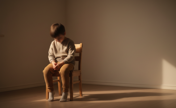 Ein anonym dargestelltes Kind sitzt leicht zusammengekauert auf einem schlichten Stuhl oder Bett in einem minimalistischen Raum. Das Gesicht ist weich verschwommen und ohne erkennbare Gesichtszüge. Weiches, warmes Seitenlicht wirft sanfte Schatten und erzeugt eine ruhige, intime Atmosphäre. Die Körperhaltung wirkt nachdenklich und innerlich verletzlich, symbolisch für Scham und Selbstzweifel.