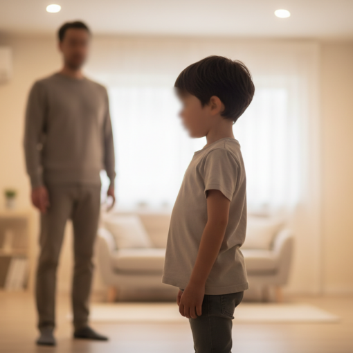 Ein Kind steht in einem warm beleuchteten Raum mit neutral dargestelltem, anonymisiertem Gesicht. Die Körperhaltung wirkt vorsichtig und prüfend. Im Hintergrund steht ein Erwachsener als ruhige, schützende Präsenz, ebenfalls ohne erkennbare Gesichtszüge. Realistische Darstellung eines symbolischen Sicherheitschecks in ruhiger Atmosphäre