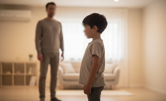 Ein Kind steht in einem warm beleuchteten Raum mit neutral dargestelltem, anonymisiertem Gesicht. Die Körperhaltung wirkt vorsichtig und prüfend. Im Hintergrund steht ein Erwachsener als ruhige, schützende Präsenz, ebenfalls ohne erkennbare Gesichtszüge. Realistische Darstellung eines symbolischen Sicherheitschecks in ruhiger Atmosphäre