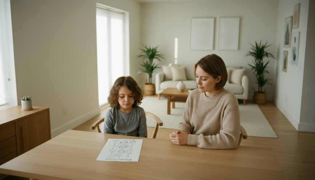 Kind mit FASD nutzt einen visuellen Ablaufplan im Alltag mit einer unterstützenden Bezugsperson