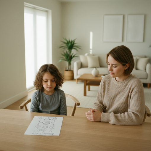 Kind mit FASD nutzt einen visuellen Ablaufplan im Alltag mit einer unterstützenden Bezugsperson