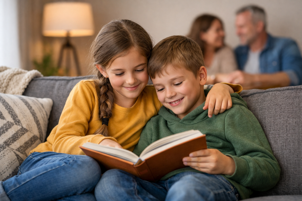 Geschwisterkinder lesen gemeinsam in einer Pflegefamilie