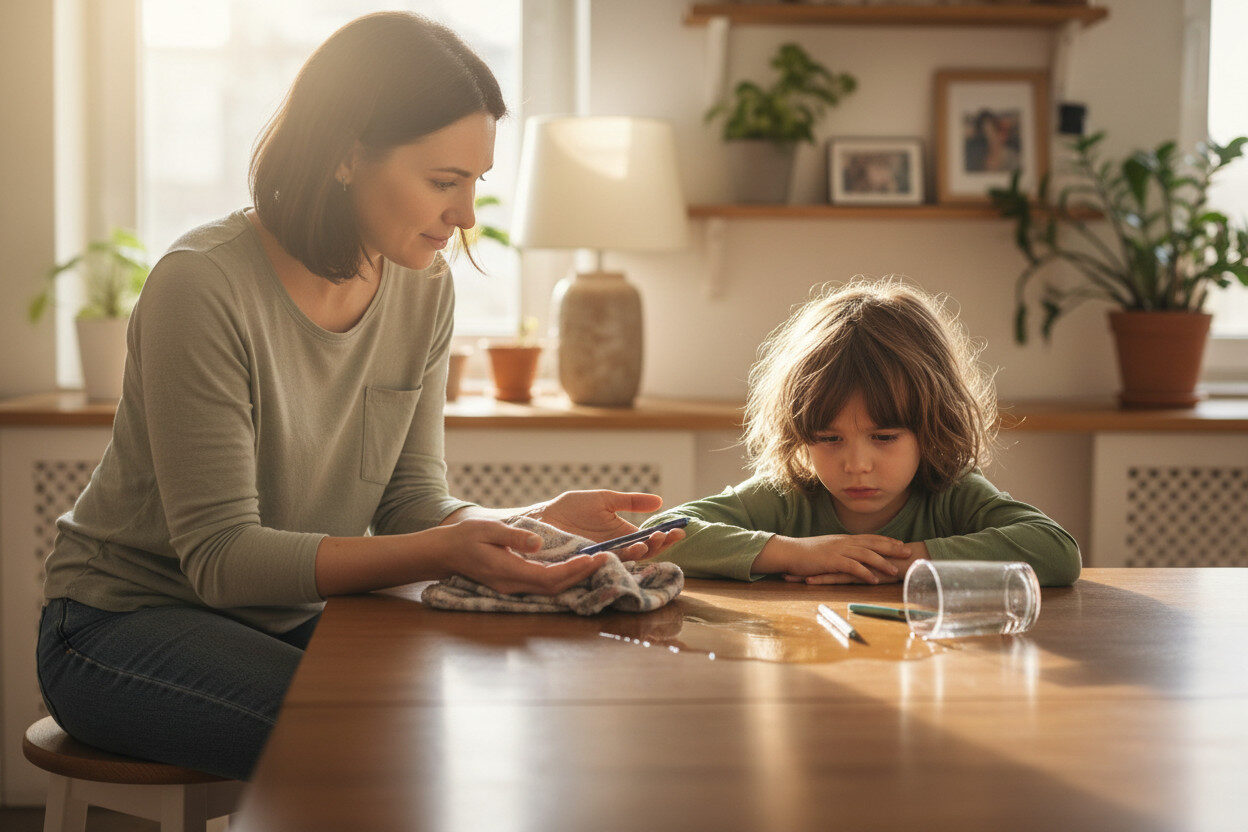 Pflegekind nach einem Missgeschick mit ruhiger unterstützender Bezugsperson im Gespräch