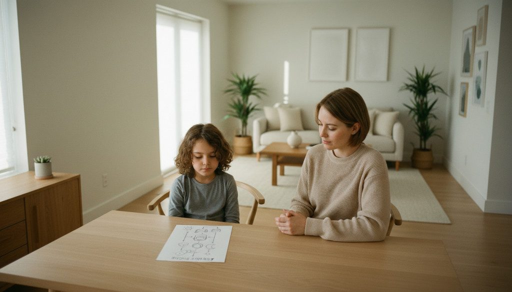 Kind mit FASD nutzt einen visuellen Ablaufplan im Alltag mit einer unterstützenden Bezugsperson
