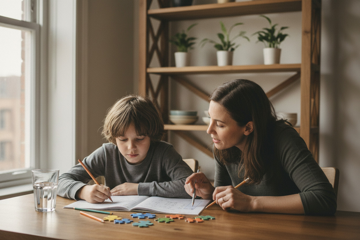 Kind mit Hausaufgaben wirkt überfordert während eine Bezugsperson unterstützend daneben sitzt