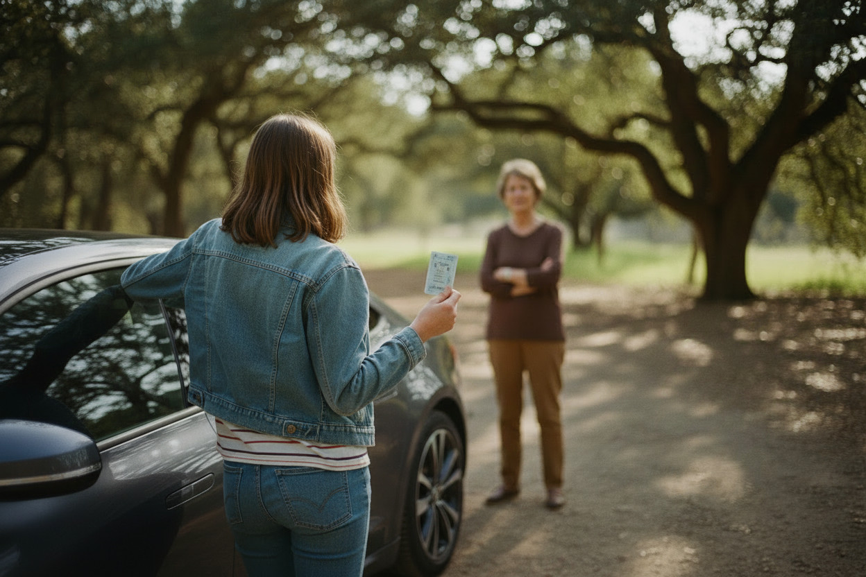 Jugendliche hält Führerschein neben Auto während Bezugsperson unterstützend im Hintergrund steht