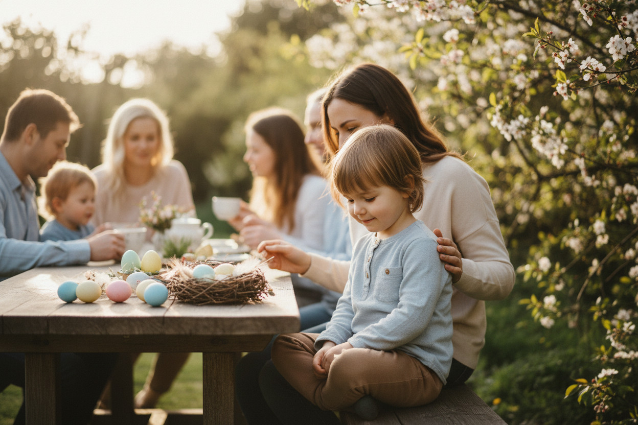 Kind in einer Pflegefamilie mit Osternest wirkt nachdenklich während eines Osterfestes