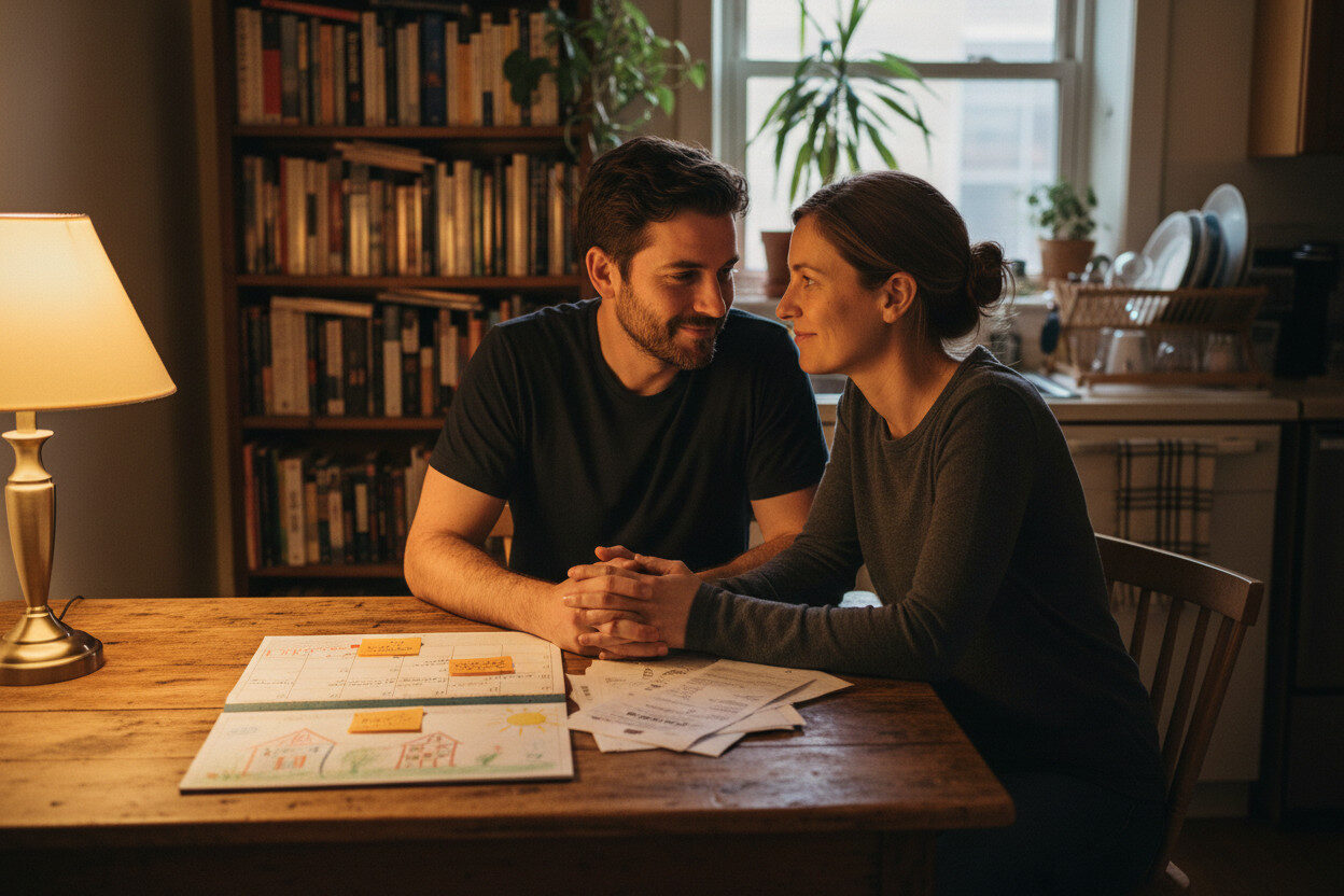 Paar in einer Pflegefamilie spricht am Abend ruhig miteinander über den Alltag