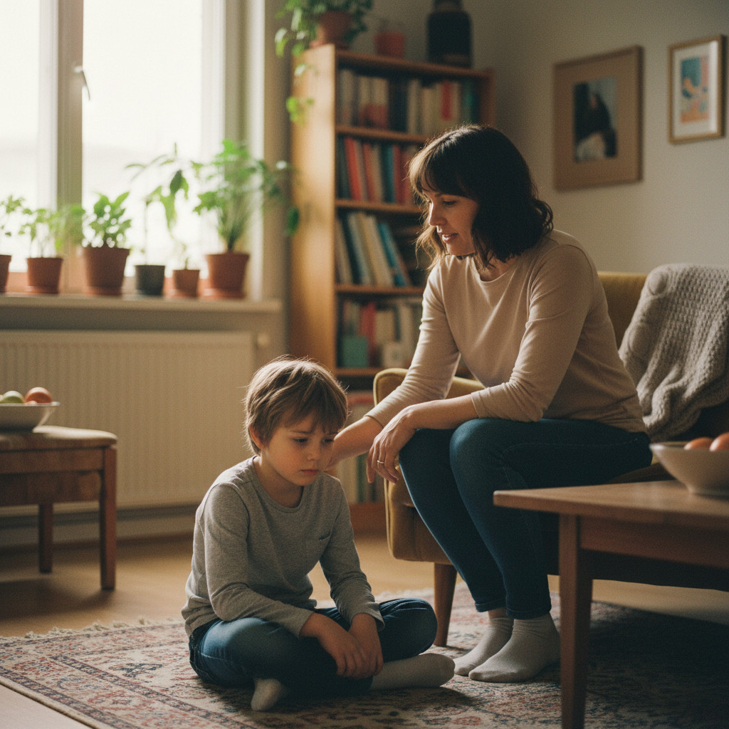 Nachdenkliches Kind sitzt neben ruhiger Bezugsperson in einer sicheren Familiensituation