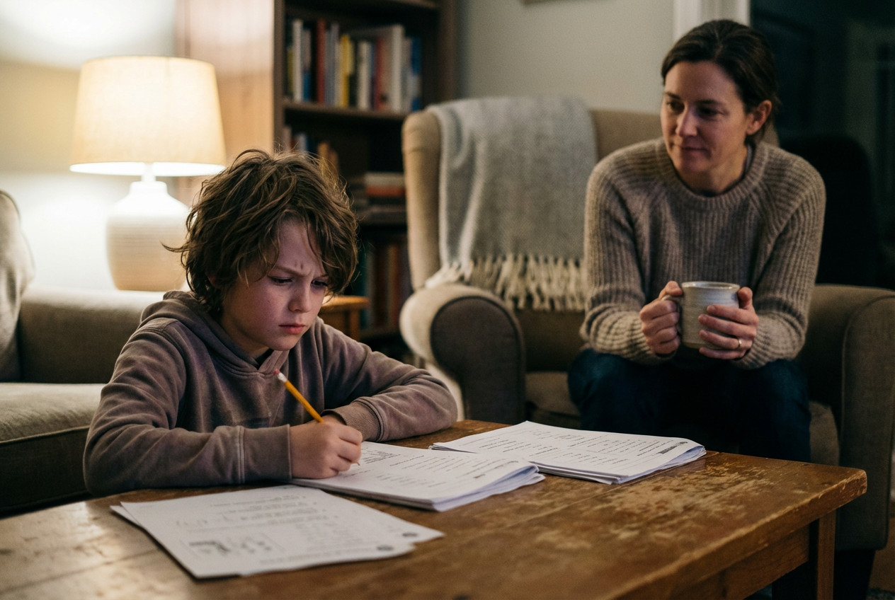 Pflegekind lehnt Hilfe ab während Hausaufgaben, Bezugsperson bleibt ruhig unterstützend daneben