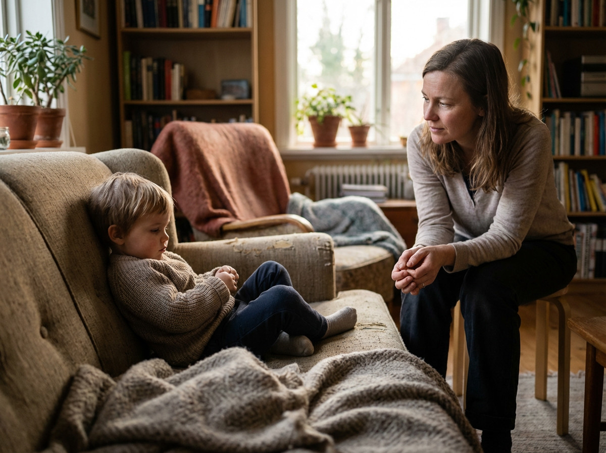 Traumatisiertes Kind sitzt abgewandt auf Sofa, Bezugsperson bleibt ruhig und unterstützend in der Nähe