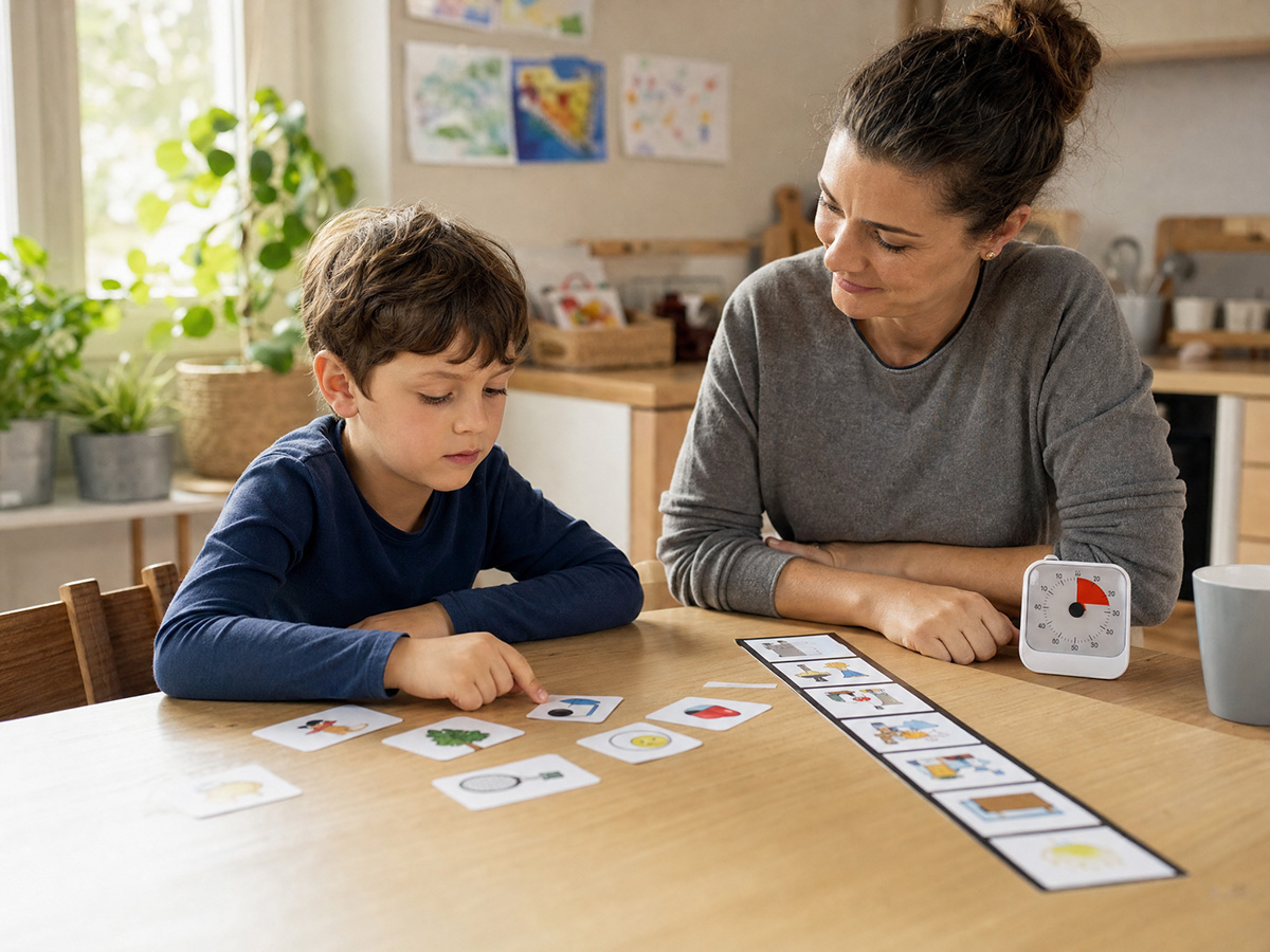 Kind mit FASD erhält im Alltag Unterstützung durch klare Struktur, Bildkarten und eine ruhige Bezugsperson.