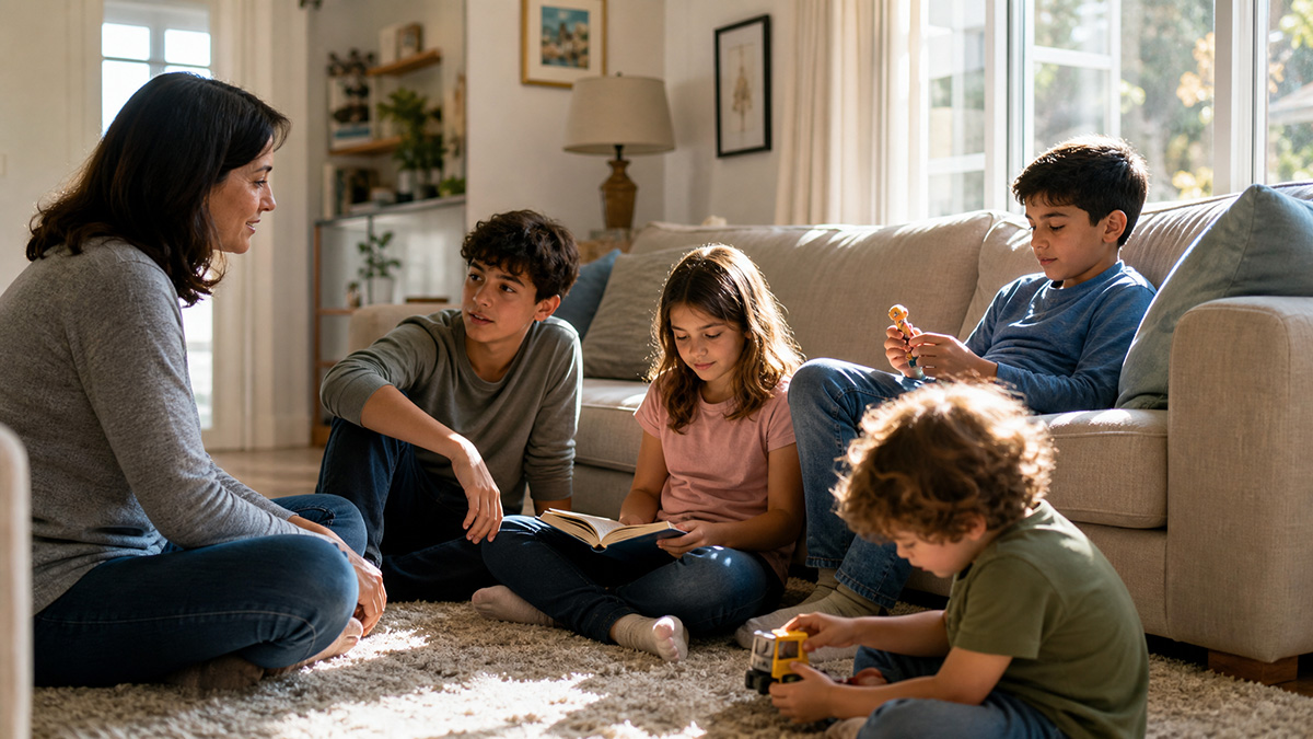 Kinder in einer Pflegefamilie sitzen gemeinsam in einem hellen Wohnzimmer, während ein Erwachsener ruhig begleitet.